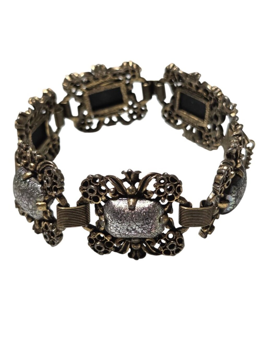 Vintage Brass Filigree Bracelet Iridescent Stones Floral Design Fashion Jewelry